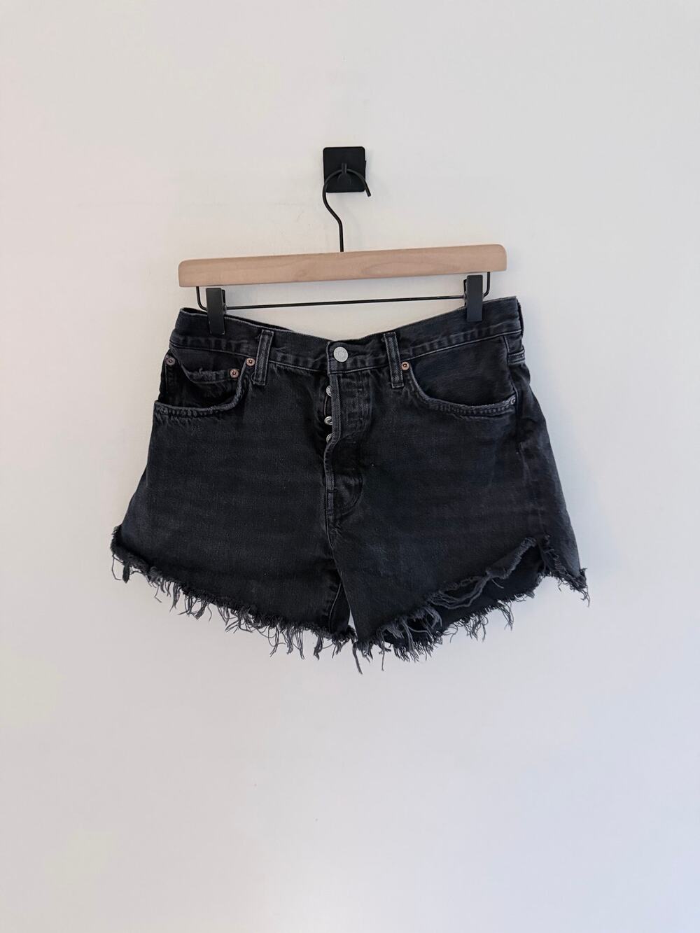 AGOLDE High-Rise Black Distressed Denim Butterfly-Closure Shorts-Size 29